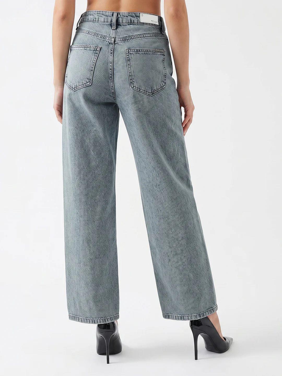 Women Light Blue High-Rise Rhinestone Wide Leg Jeans - Image 3