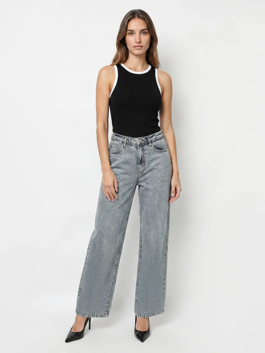 Women Light Blue High-Rise Rhinestone Wide Leg Jeans - Image 4