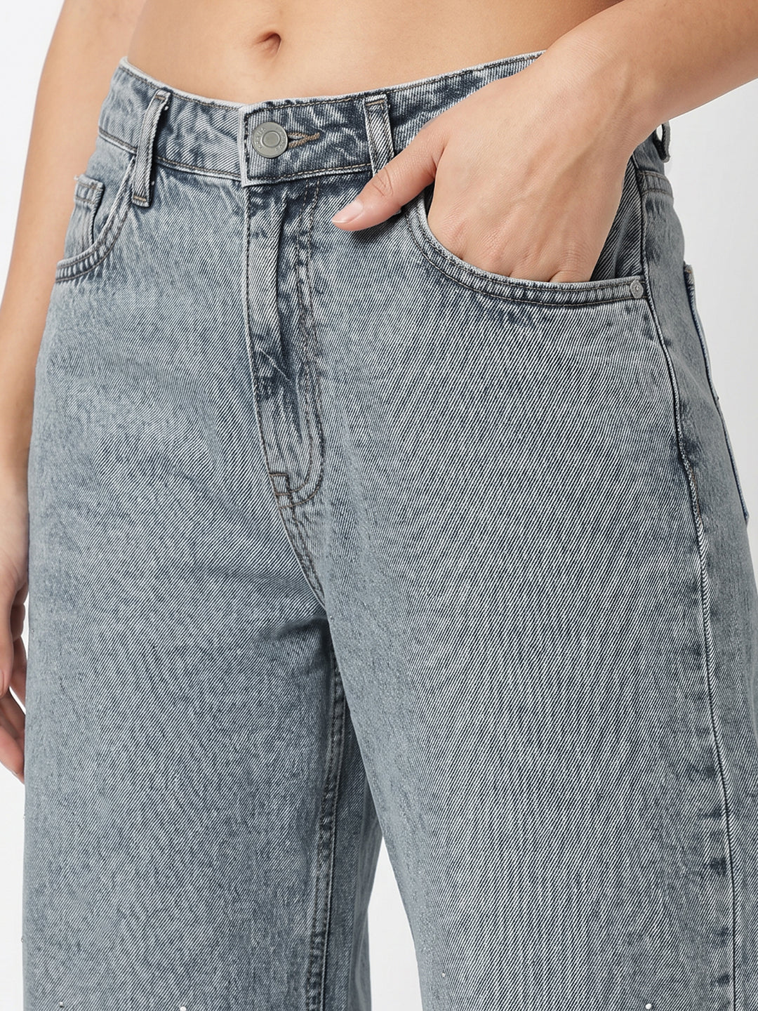 Women Light Blue High-Rise Rhinestone Wide Leg Jeans - Image 5
