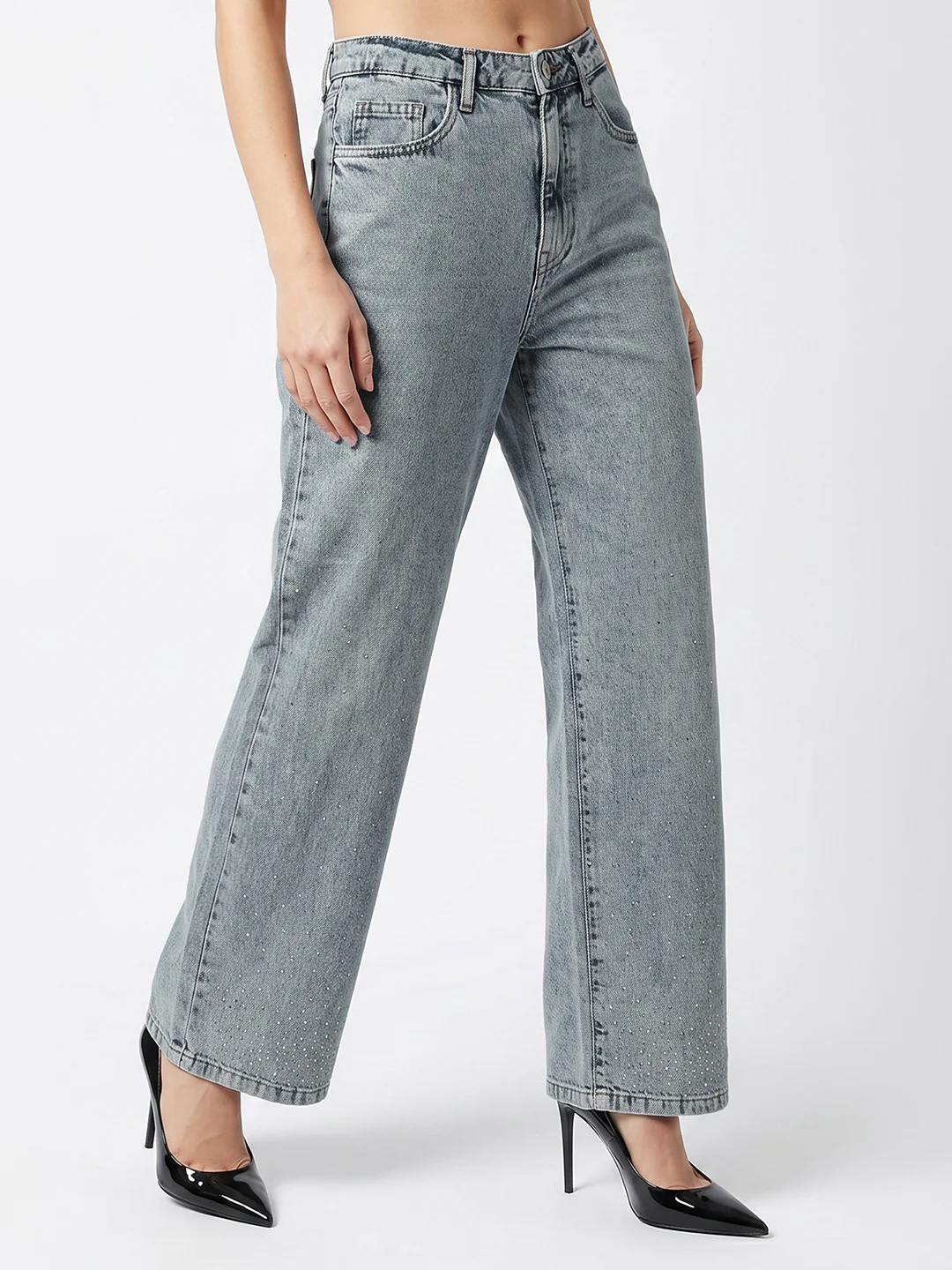 Women Light Blue High-Rise Rhinestone Wide Leg Jeans - Image 6