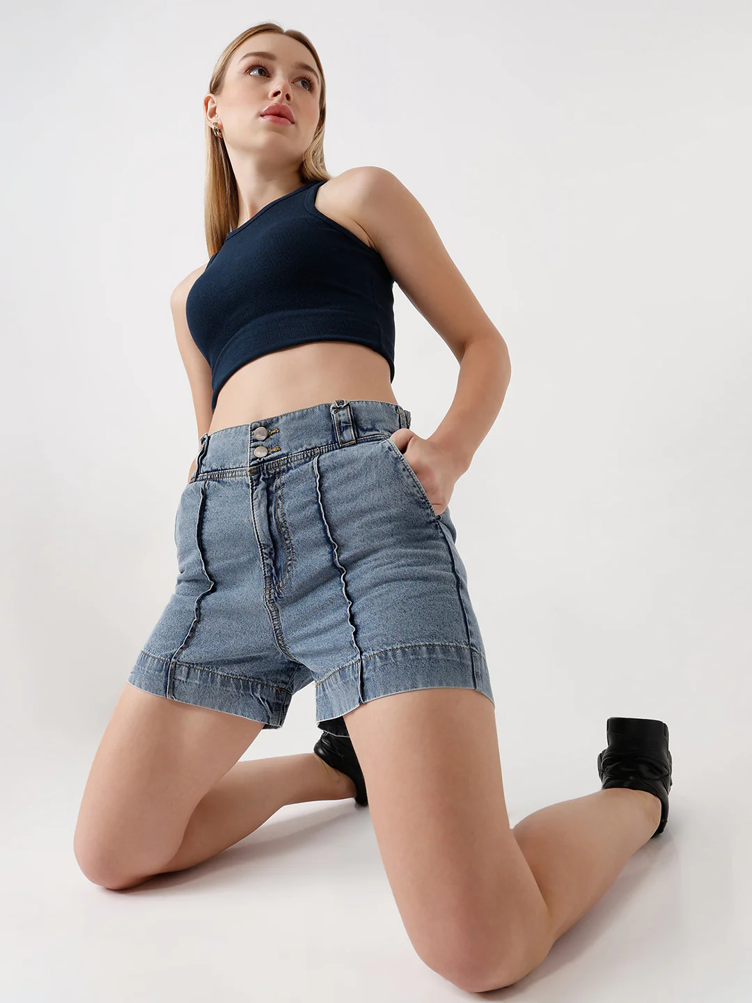 Women Light Blue High-Rise Shorts
