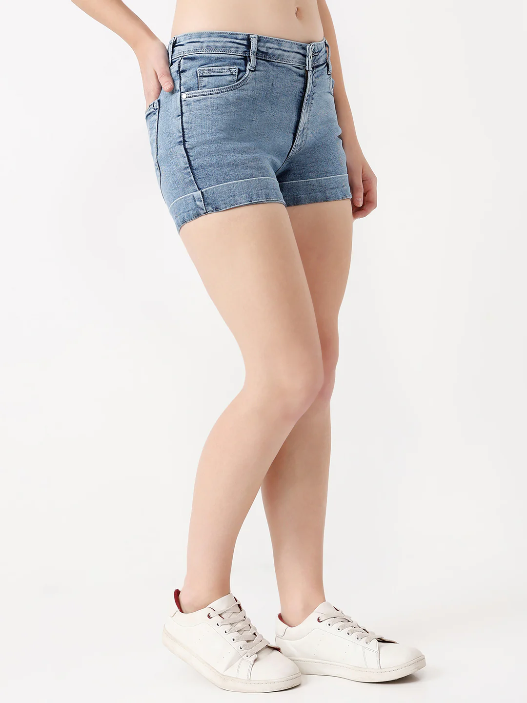 Women Light Blue High-Rise Slim Shorts - Image 4