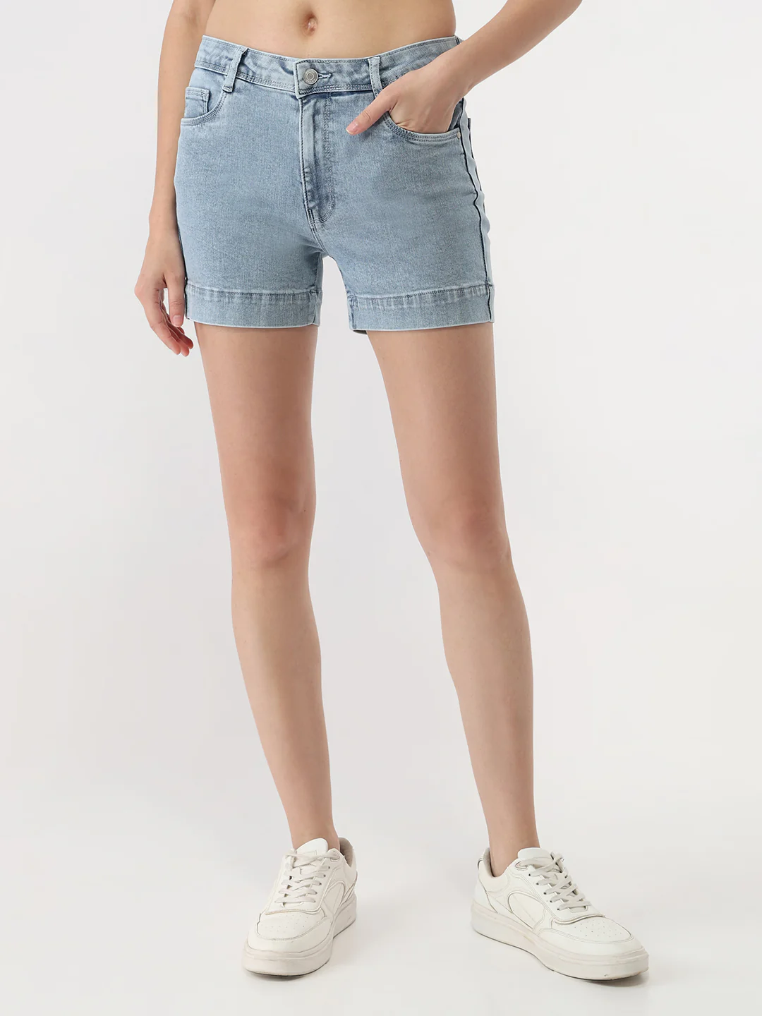 Women Light Blue High-Rise Slim Shorts - Image 2
