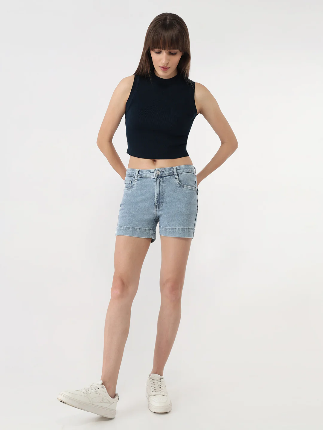 Women Light Blue High-Rise Slim Shorts - Image 4