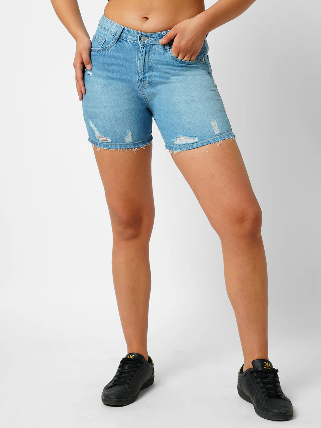 Women Light Blue High-Rise Slim Shorts - Image 2