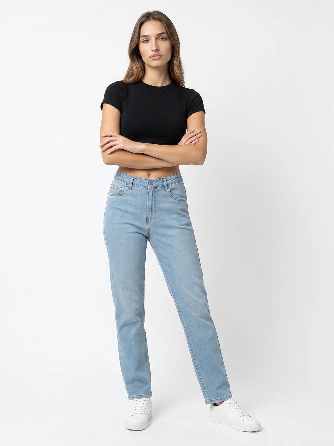 Women Light Blue High-Rise Slim Straight Fit Jeans - Image 4