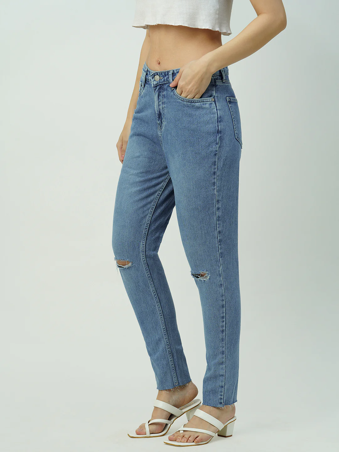 Women Light Blue High-Rise Slim Straight Fit Ripped Jeans - Image 6