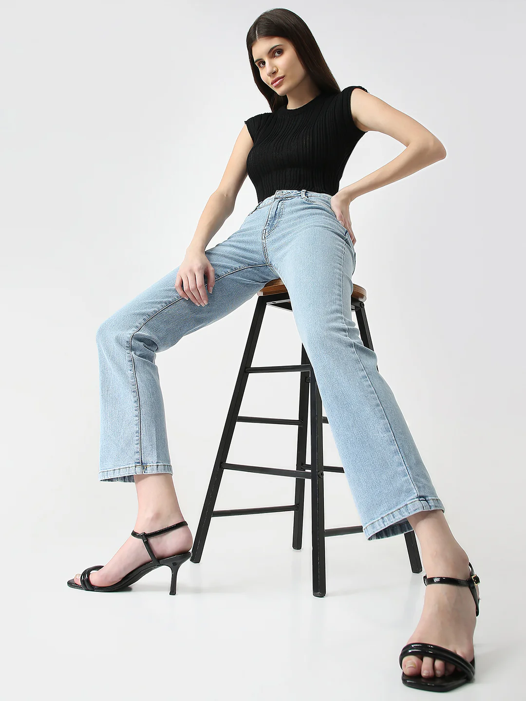 Women Light Blue High-Rise Slim Straight Jeans