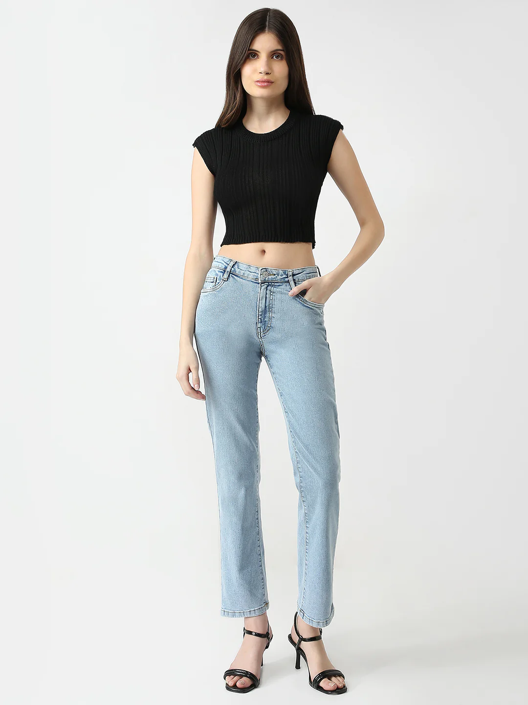 Women Light Blue High-Rise Slim Straight Jeans - Image 4