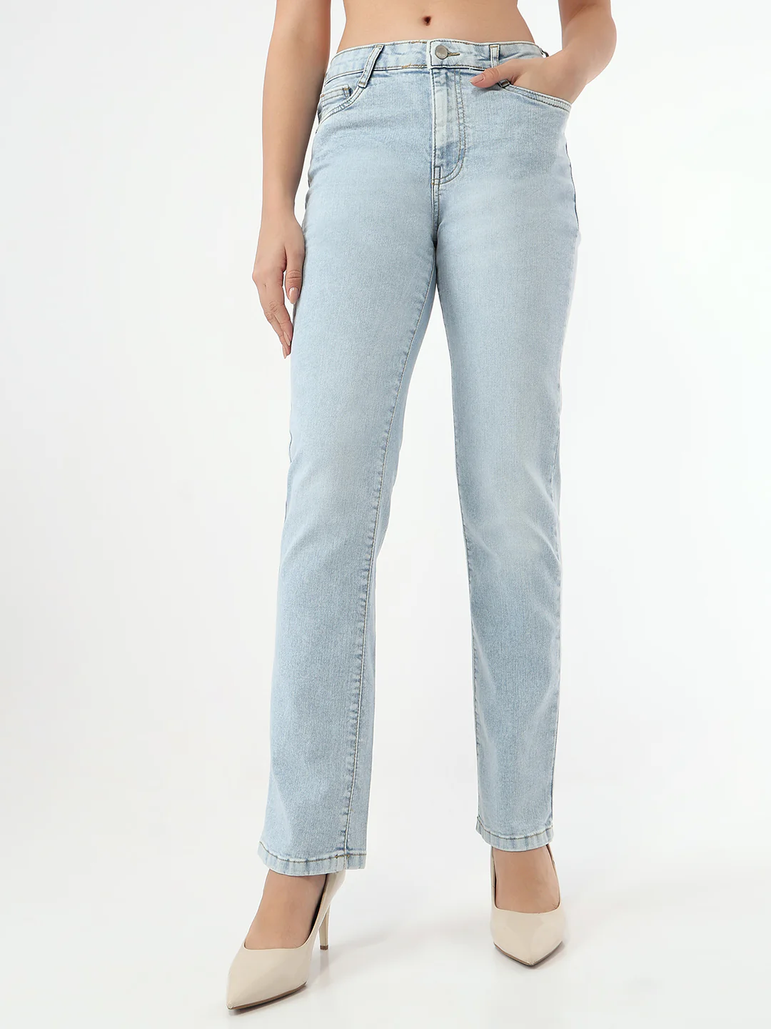 Women Light Blue High-Rise Slim Straight Jeans - Image 2
