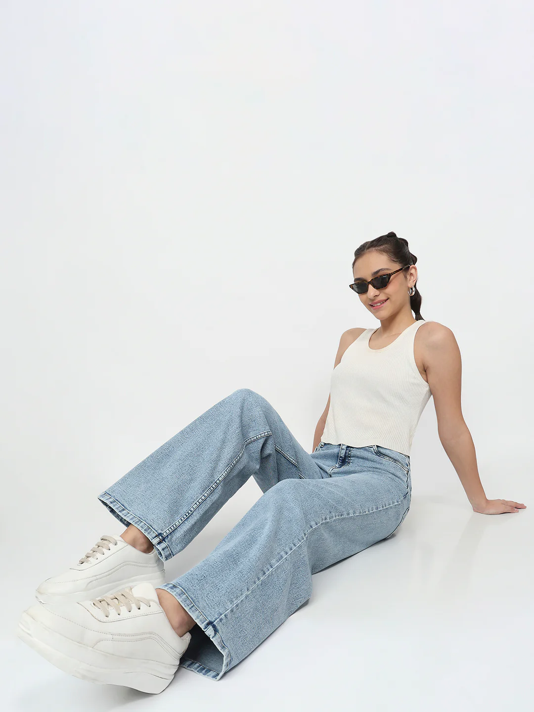 Women Light Blue High-Rise Super Wide Leg Jeans