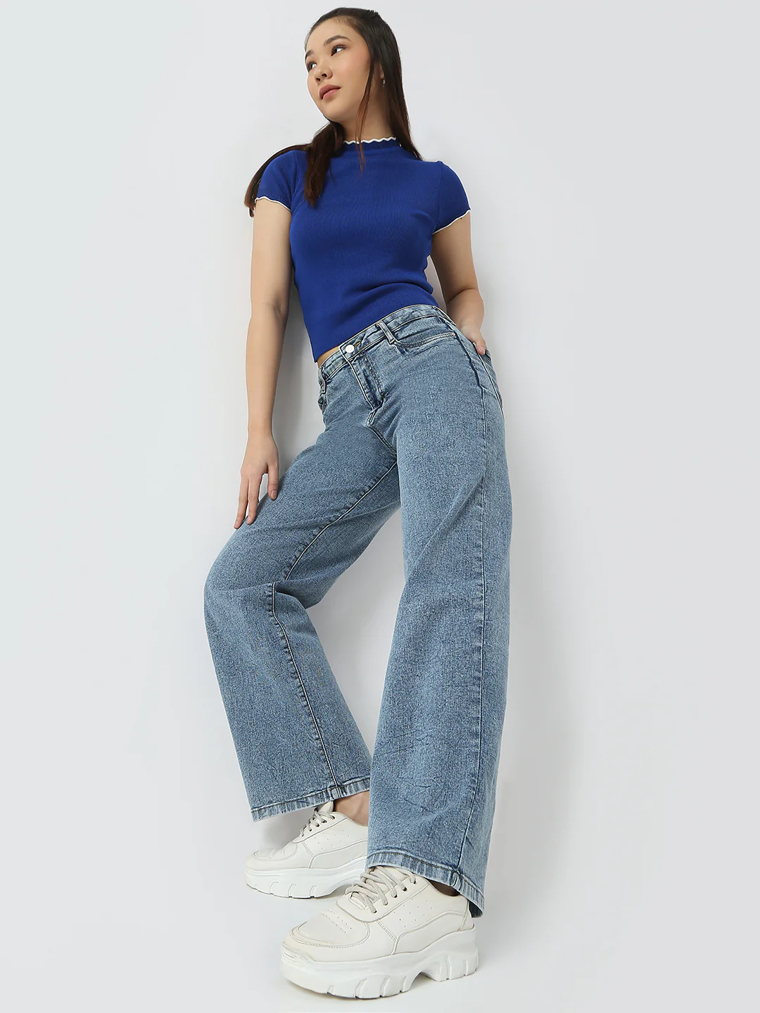Women Light Blue High-Rise Wide Leg Jeans
