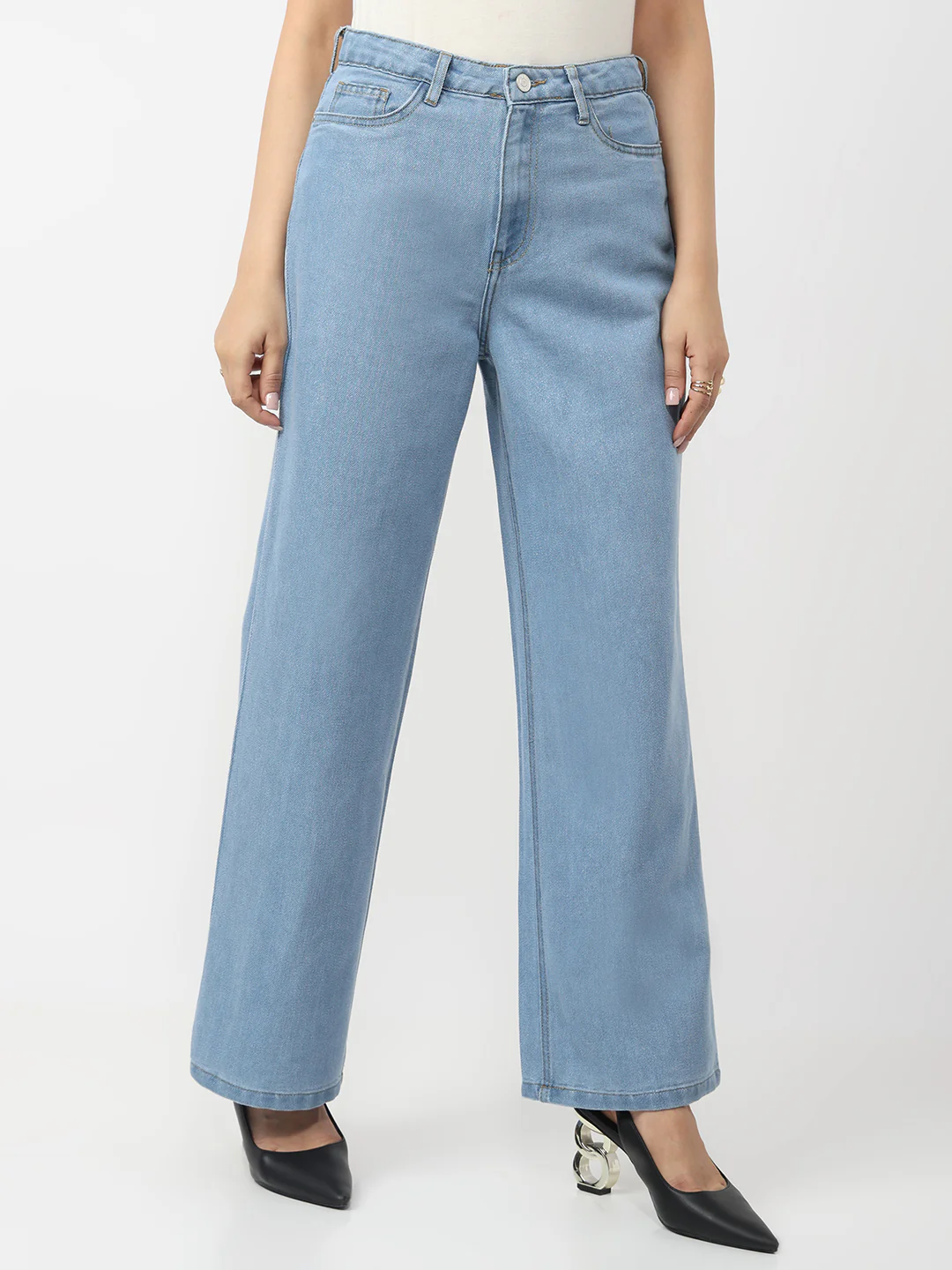 Women Light Blue High-Rise Wide Leg Shimmer Jeans - Image 5