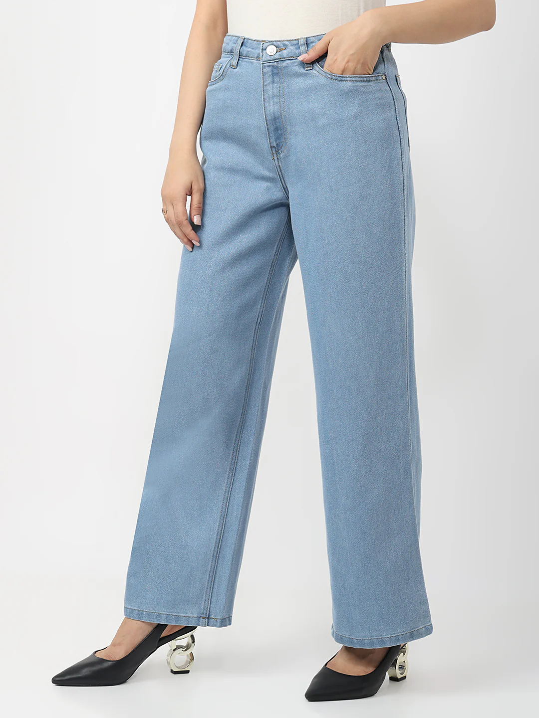 Women Light Blue High-Rise Wide Leg Shimmer Jeans - Image 7