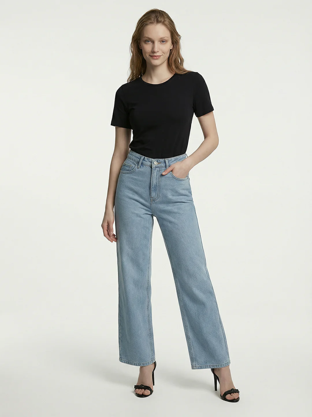 Women Light Blue High-Rise Wide Leg Shimmer Jeans - Image 4