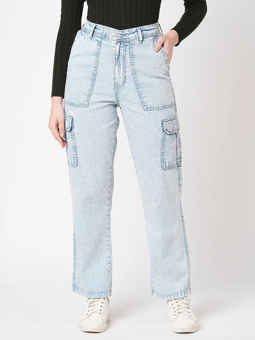Women Light Blue Mid-Rise Cargo - Image 2
