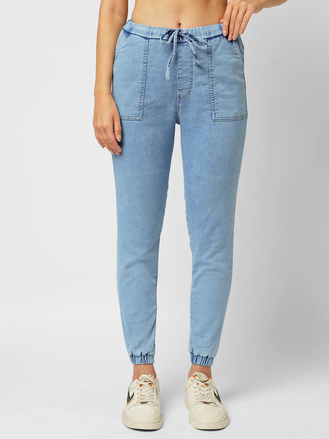 Women Light Blue Mid-Rise Denim Joggers - Image 2