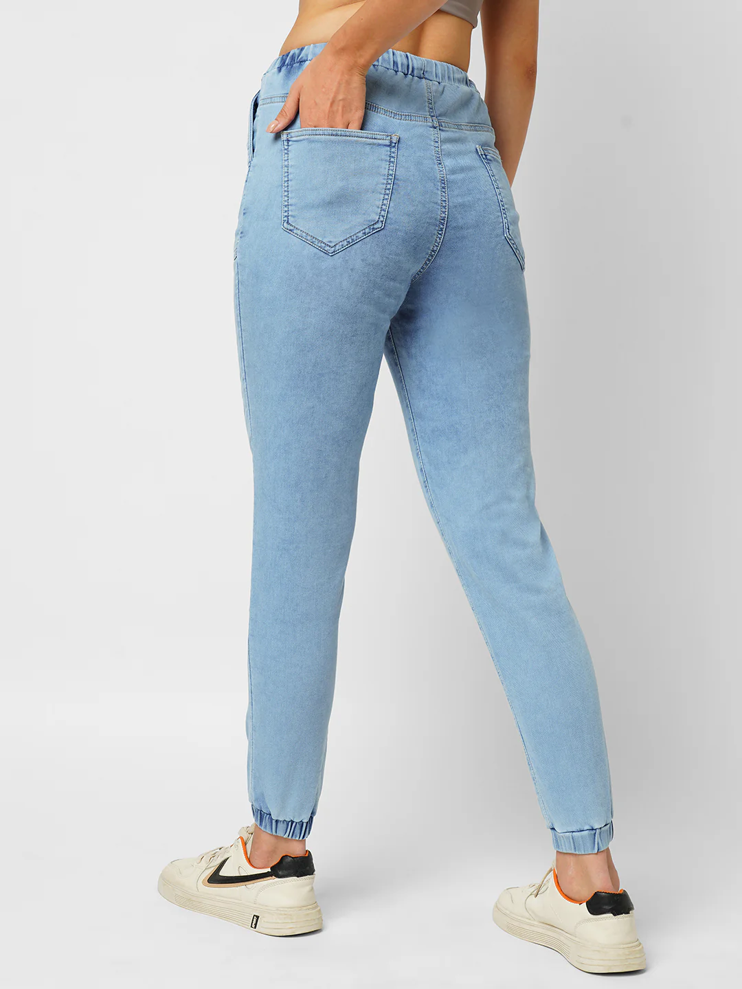 Women Light Blue Mid-Rise Denim Joggers - Image 3