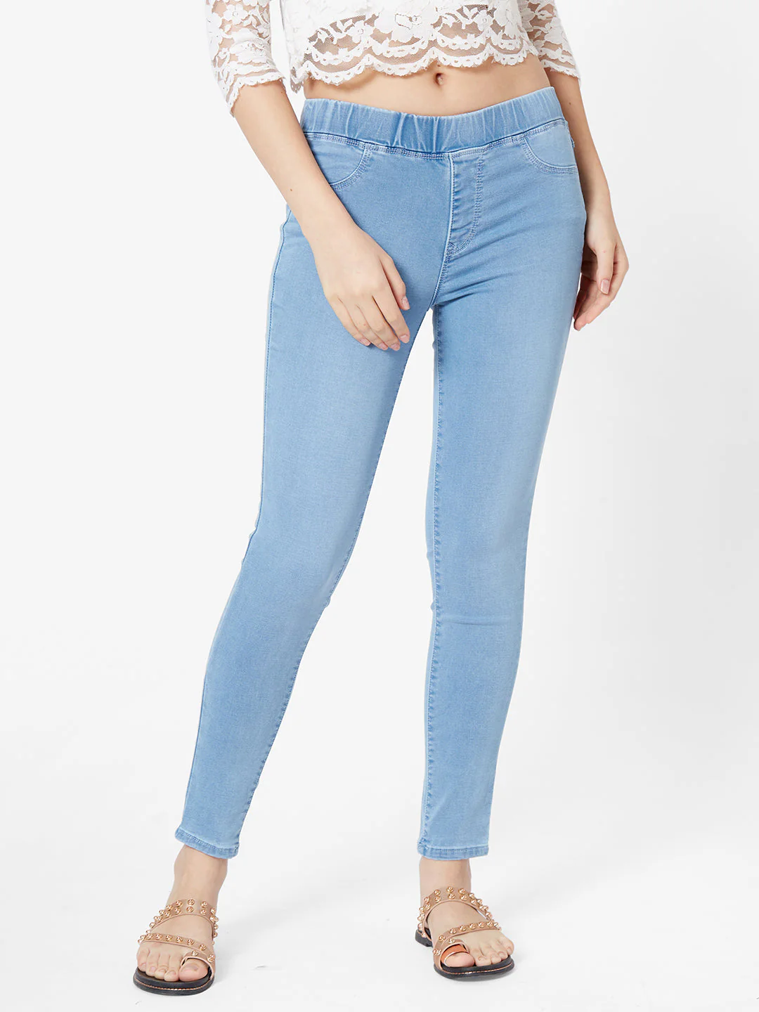 Women Light Blue Mid-Rise Denim Leggings - Image 2