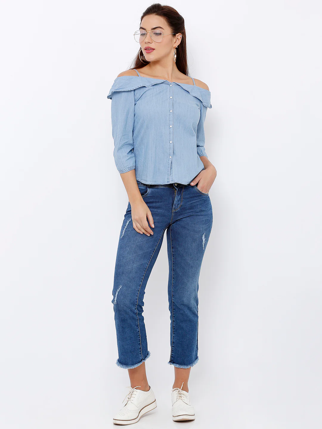 Women Light Blue Off Shoulder Shirt