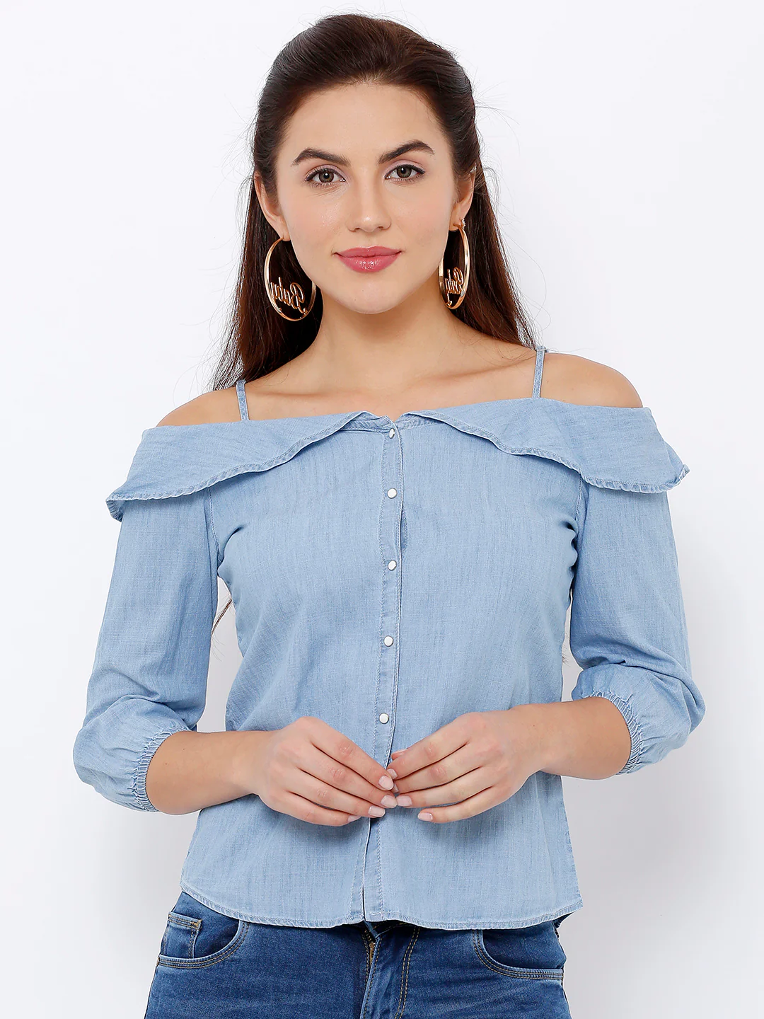 Women Light Blue Off Shoulder Shirt - Image 2