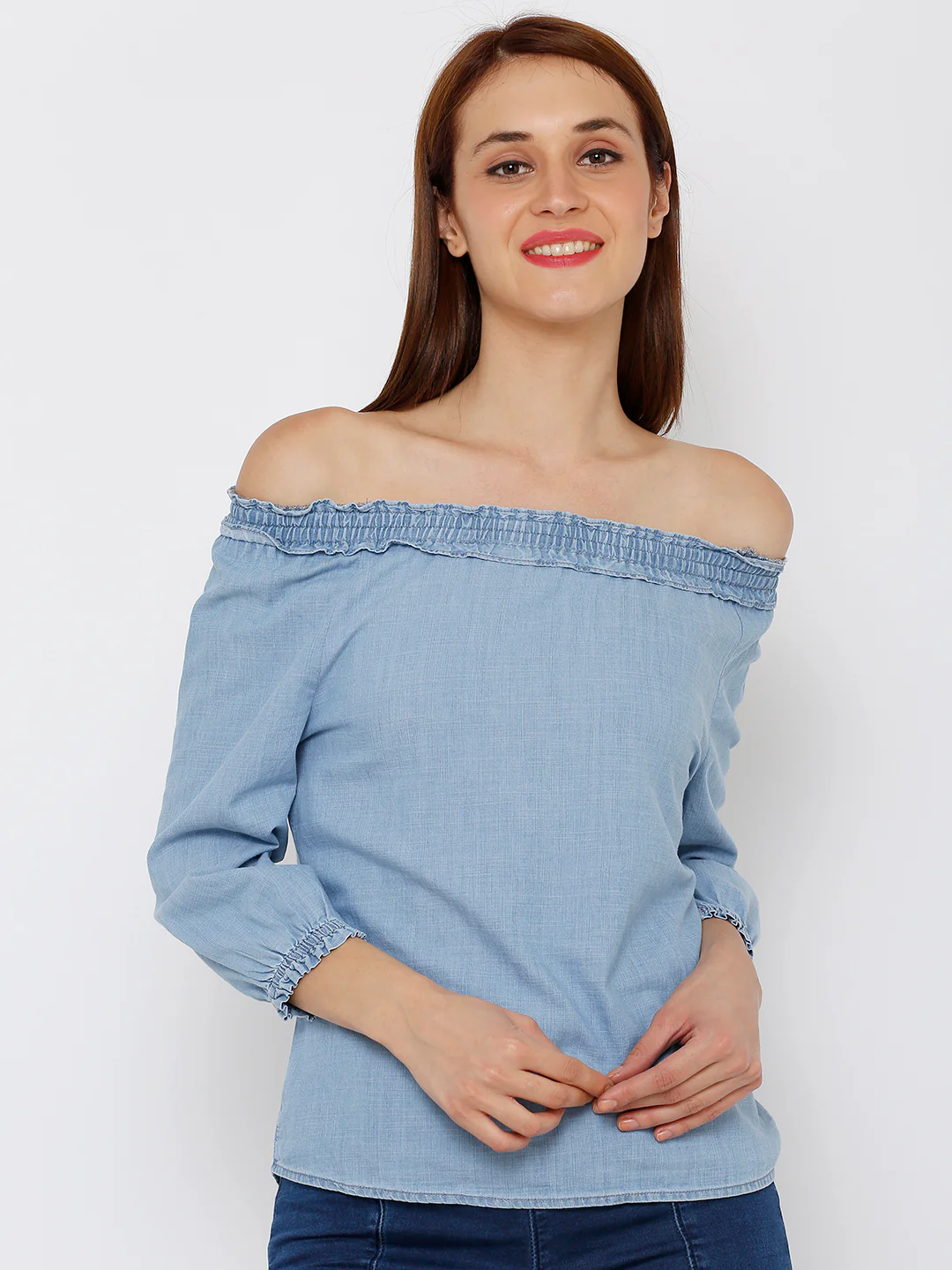 Women Light Blue Off Shoulder Top - Image 2