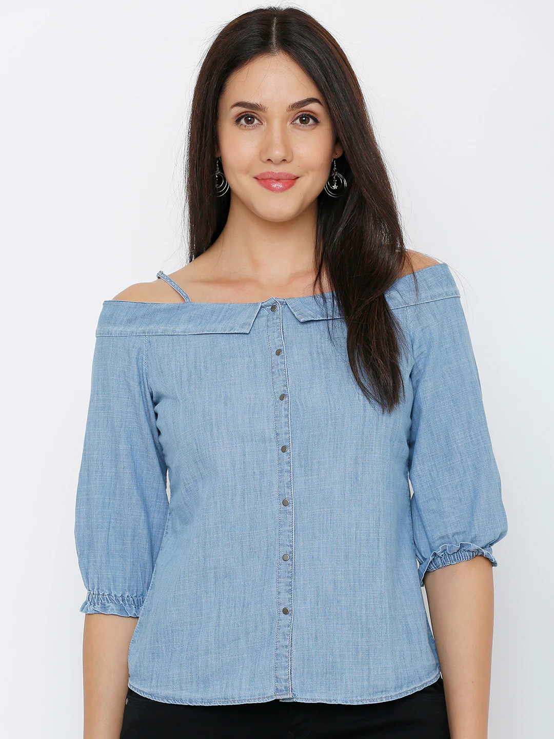 Women Light Blue Off Shoulder Top - Image 2