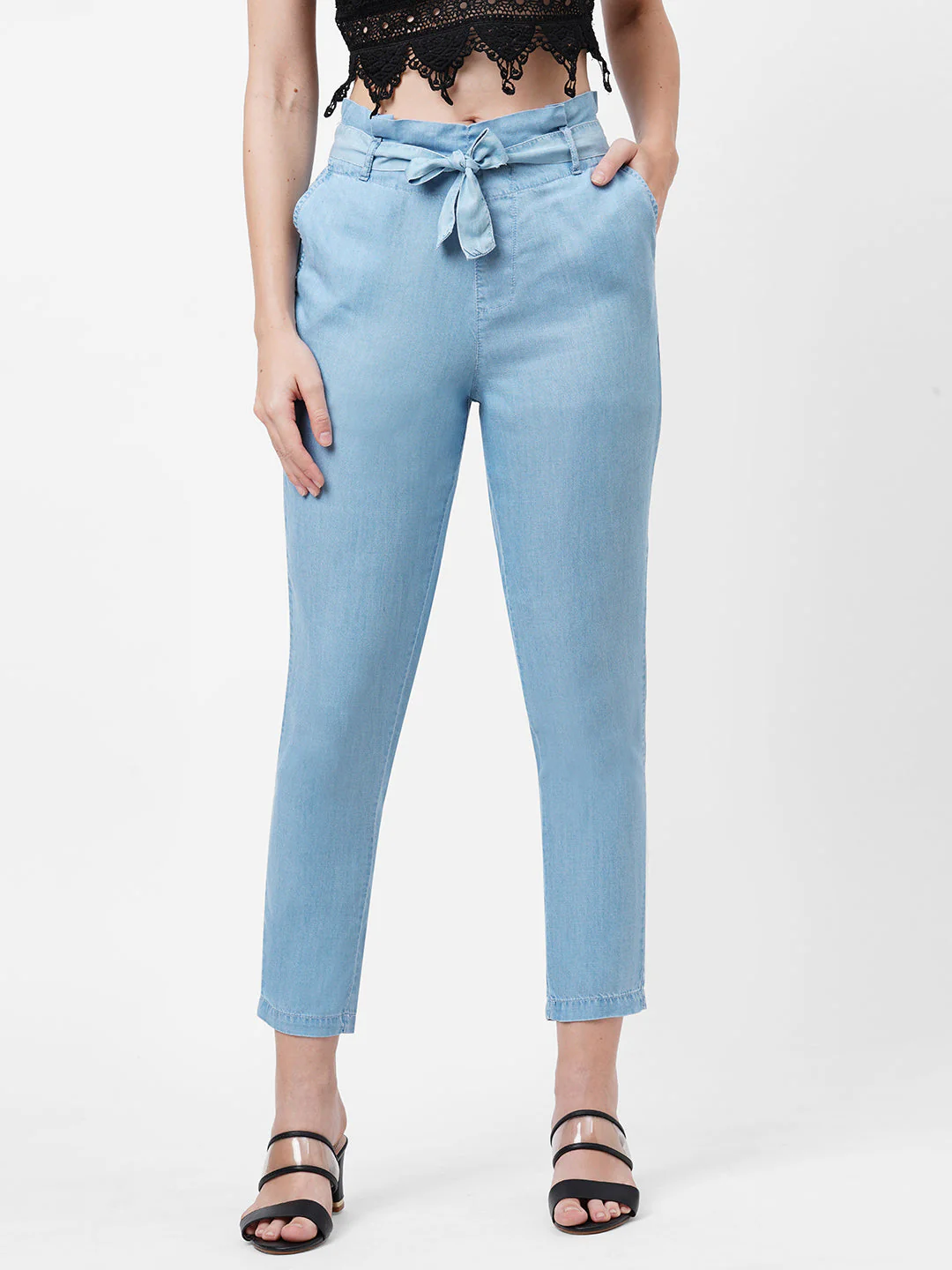 Women Light Blue Paper Bag Pants - Image 2
