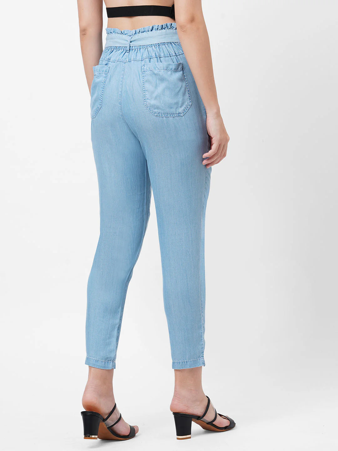 Women Light Blue Paper Bag Pants - Image 3