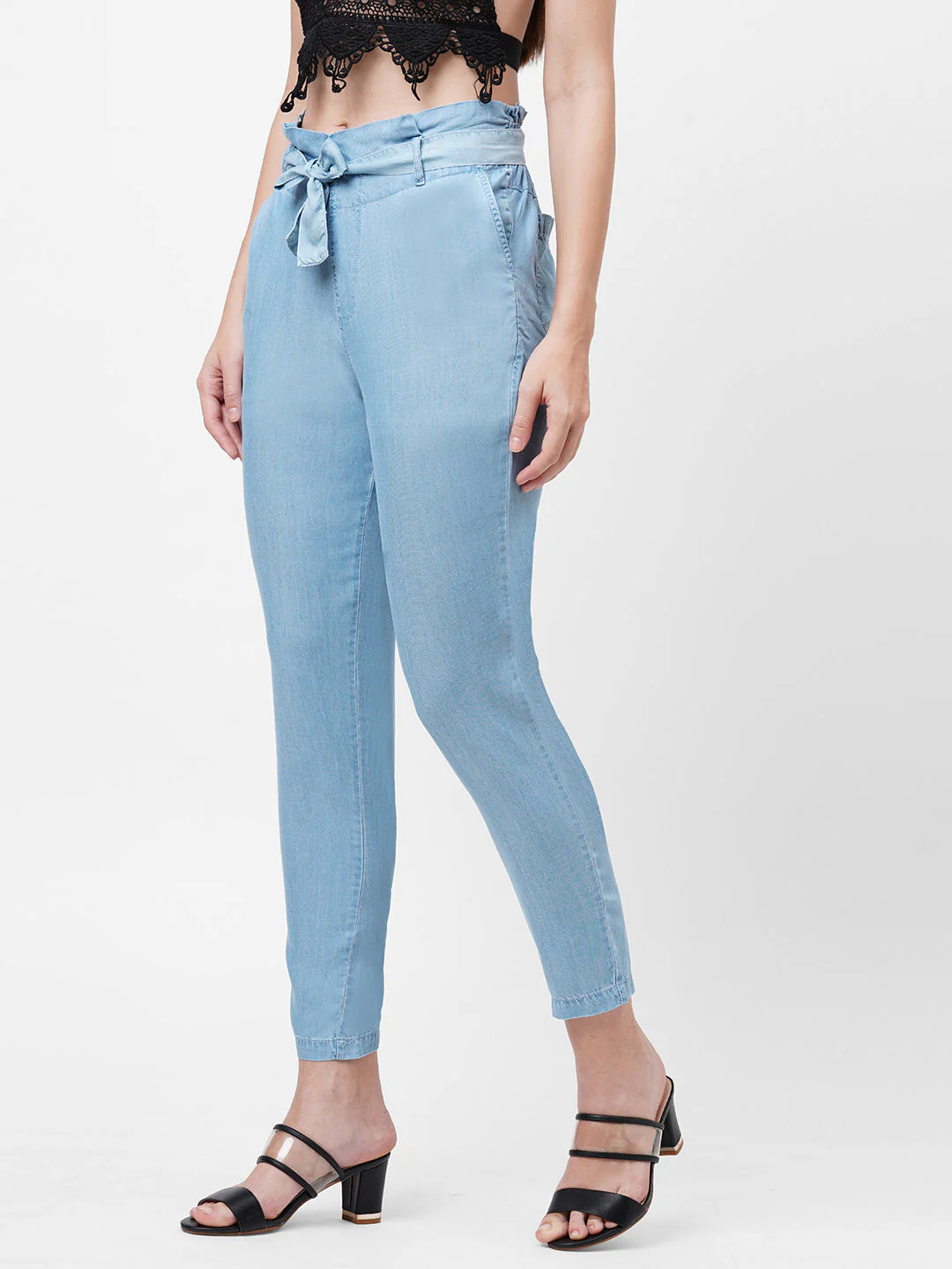 Women Light Blue Paper Bag Pants - Image 5