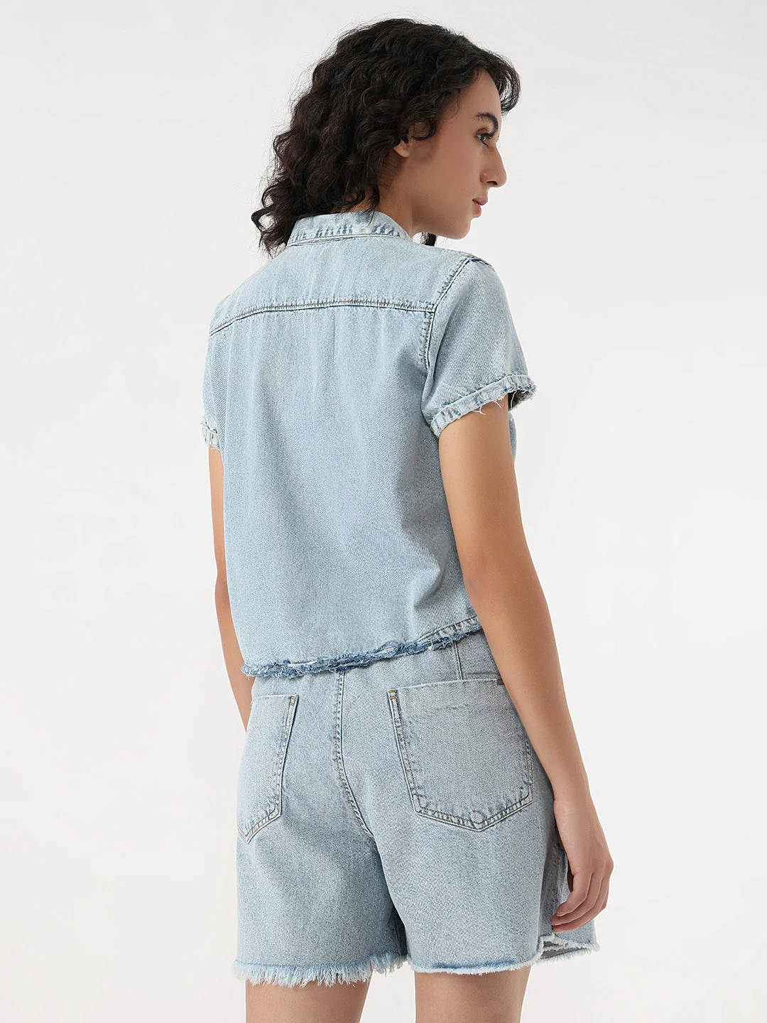 Women Light Blue Slim Crop Denim Shirt - Image 3