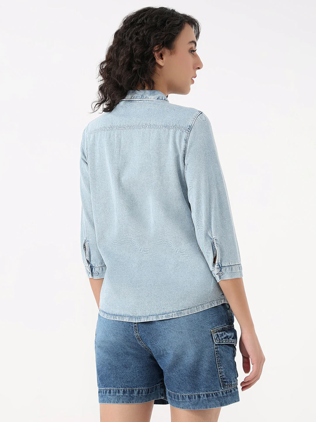 Women Light Blue Slim Denim Shirt - Image 3