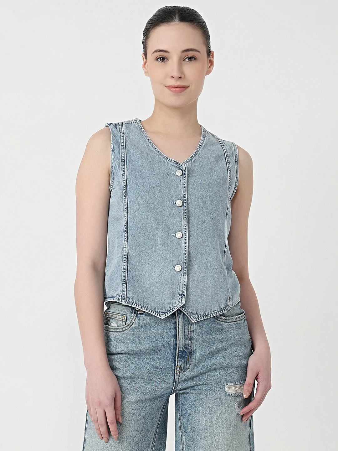 Women Light Blue Slim Fit Vest - Image 2