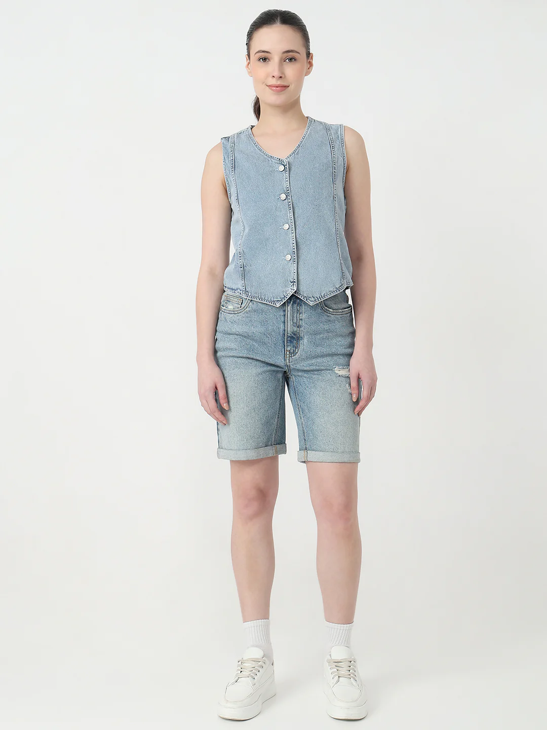 Women Light Blue Slim Fit Vest - Image 4