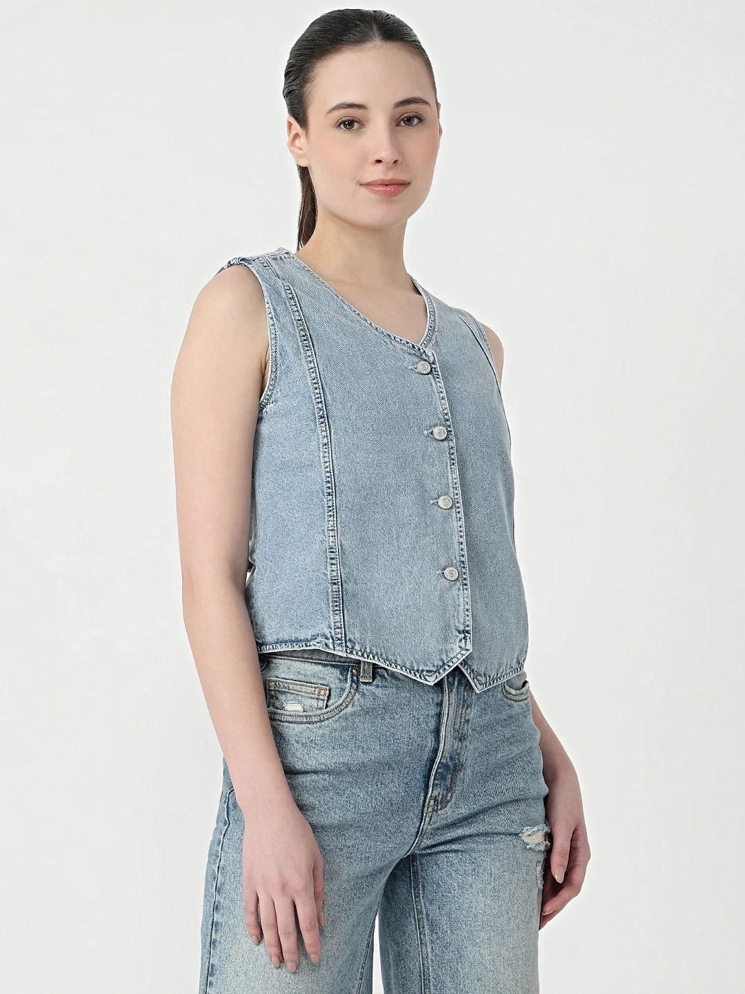 Women Light Blue Slim Fit Vest - Image 5
