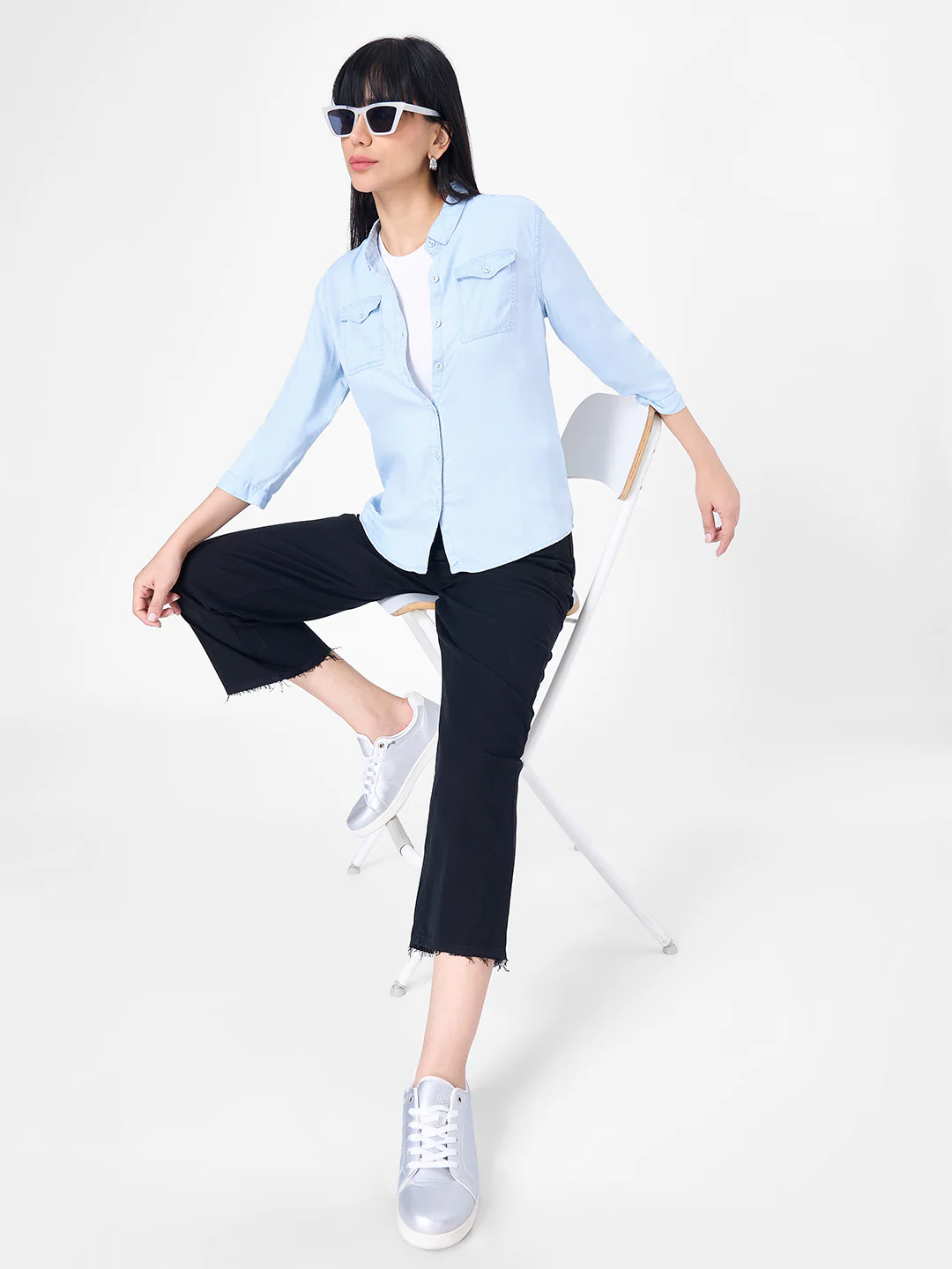 Women Light Blue Slim Shirt - Image 4