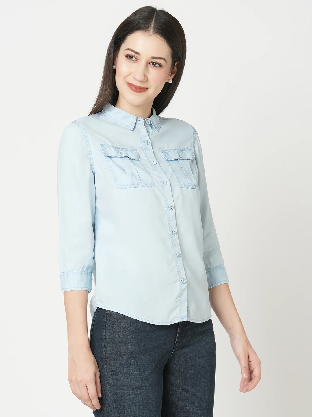 Women Light Blue Slim Shirt - Image 5