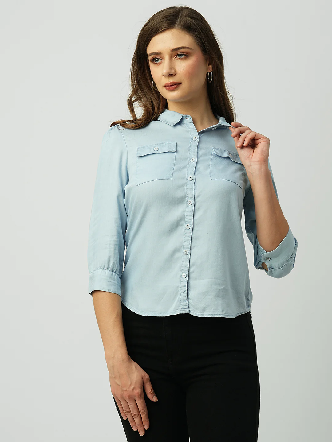 Women Light Blue Slim Shirt - Image 4