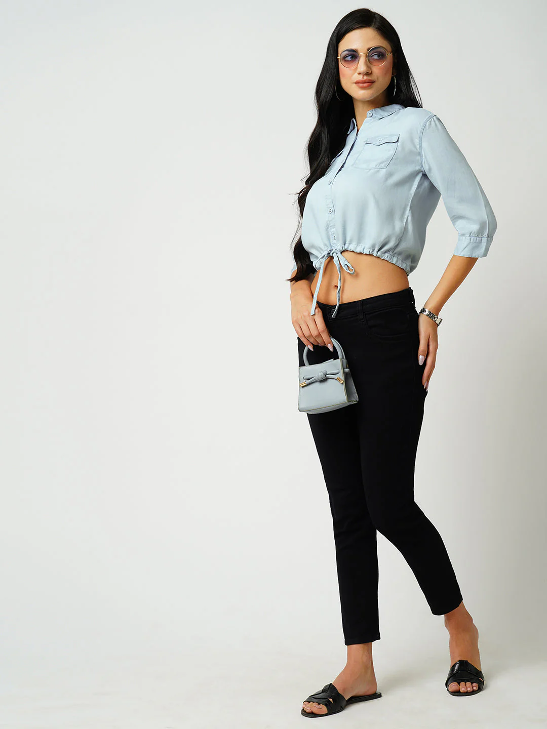 Women Light Blue Slim Shirt - Image 2