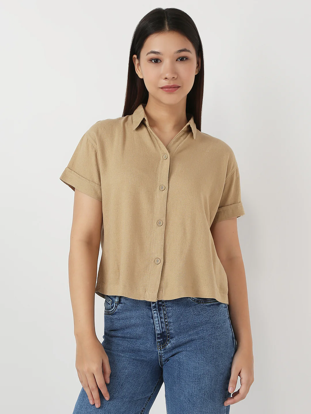 Women Light Brown Crop Shirt - Image 2