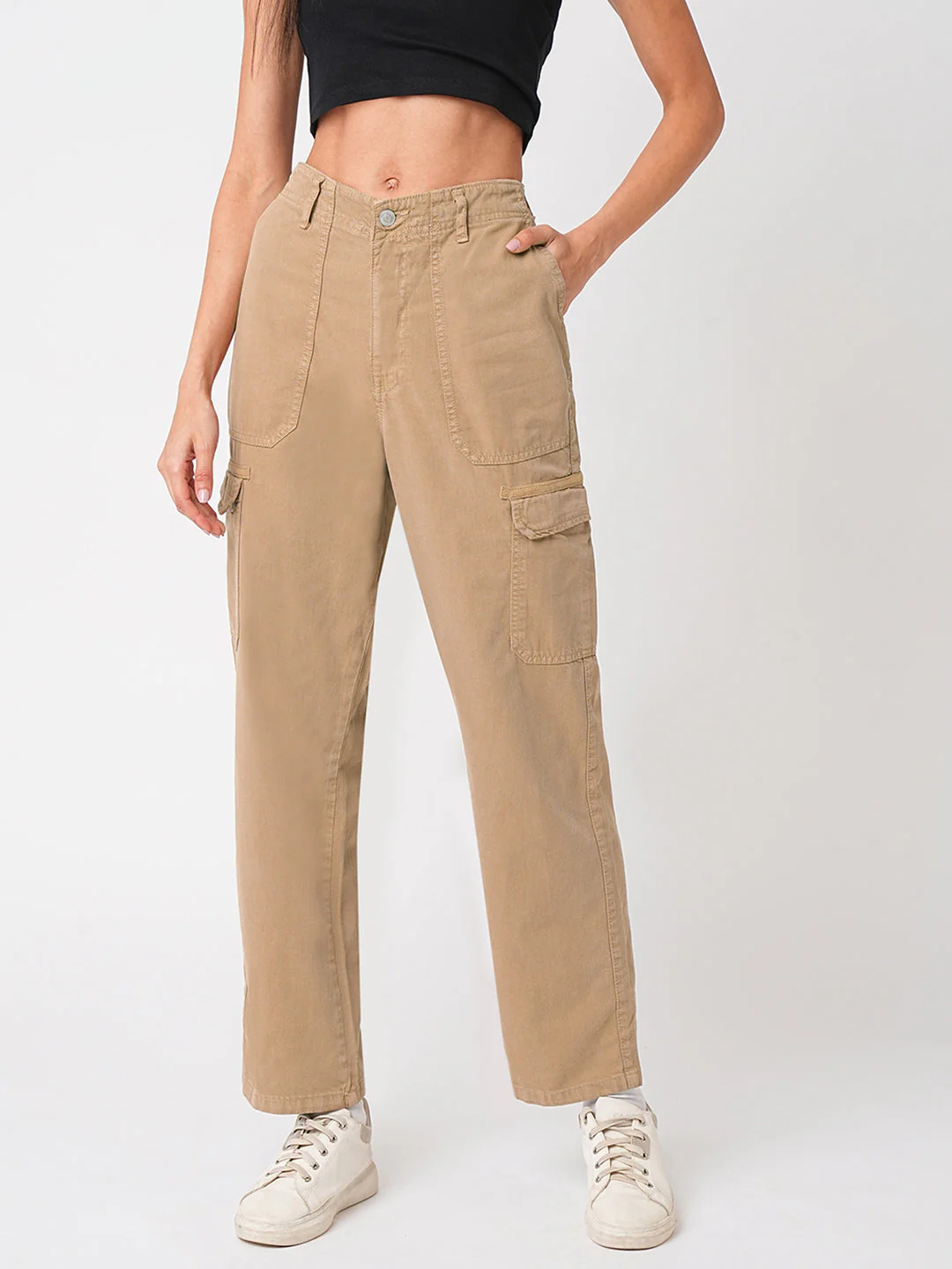 Women Light Brown High-Rise Cargo - Image 2