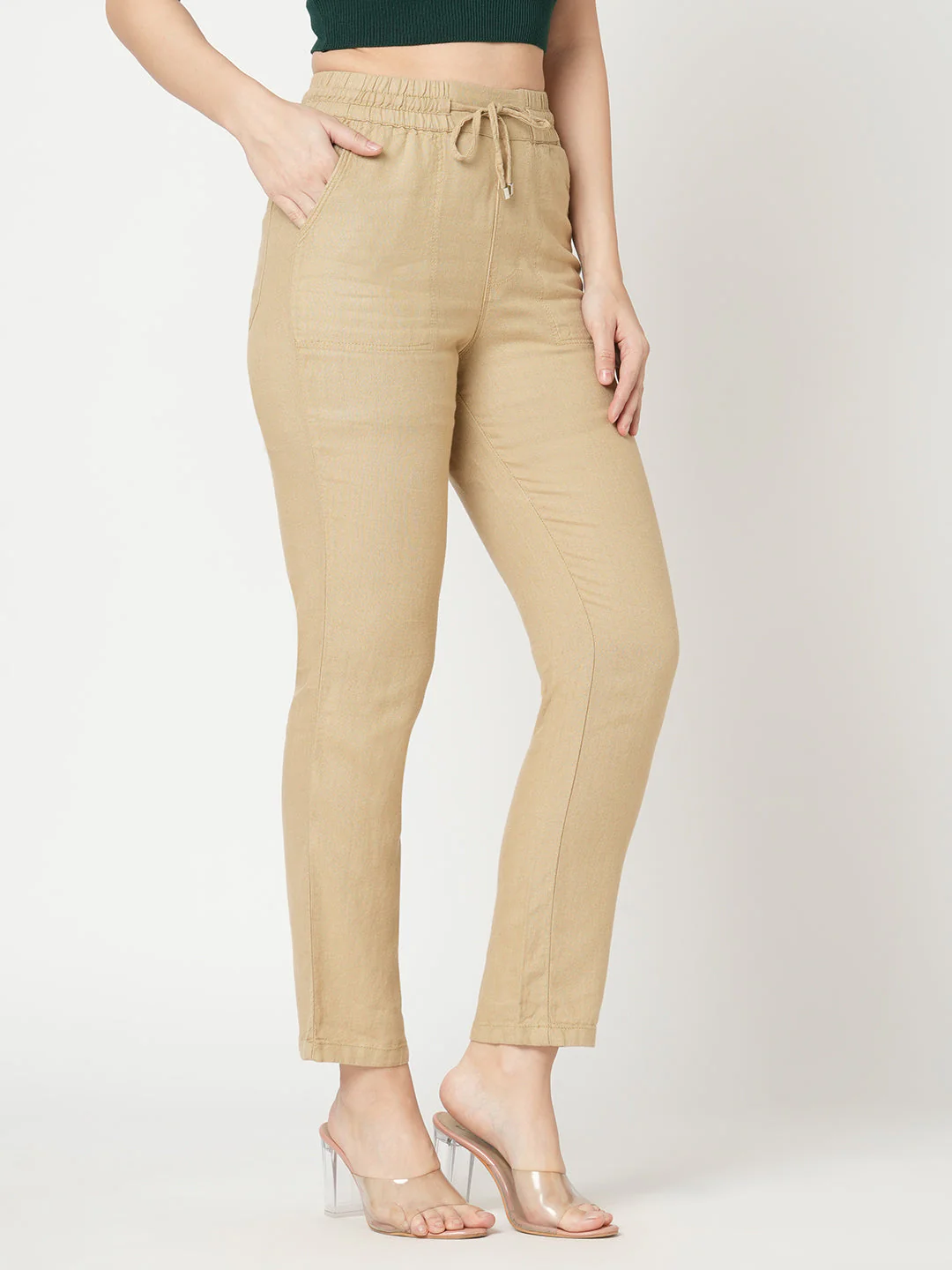 Women Light Brown High-Rise Paper Bag Pant - Image 5