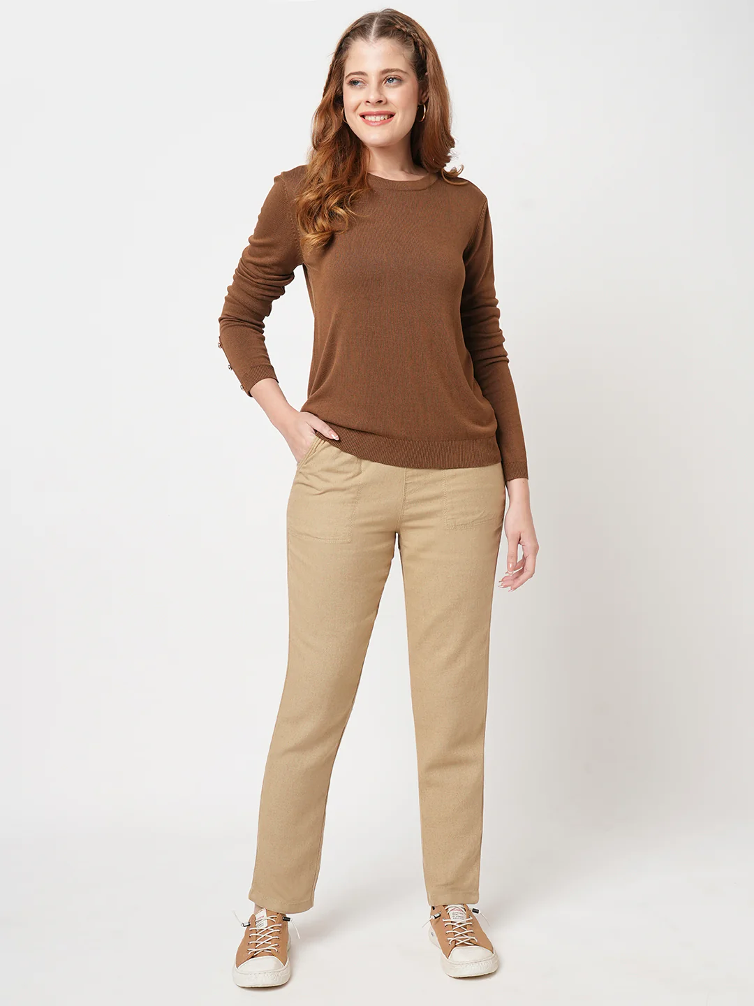 Women Light Brown High-Rise Paper Bag Pants - Image 3