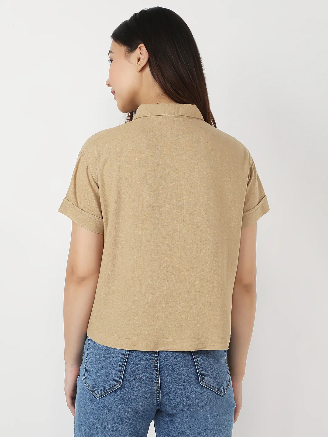 Women Light Brown Slim Crop Shirt - Image 3