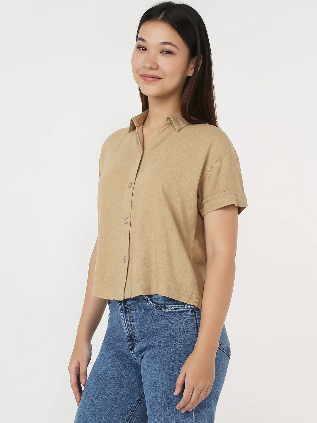 Women Light Brown Slim Crop Shirt - Image 4