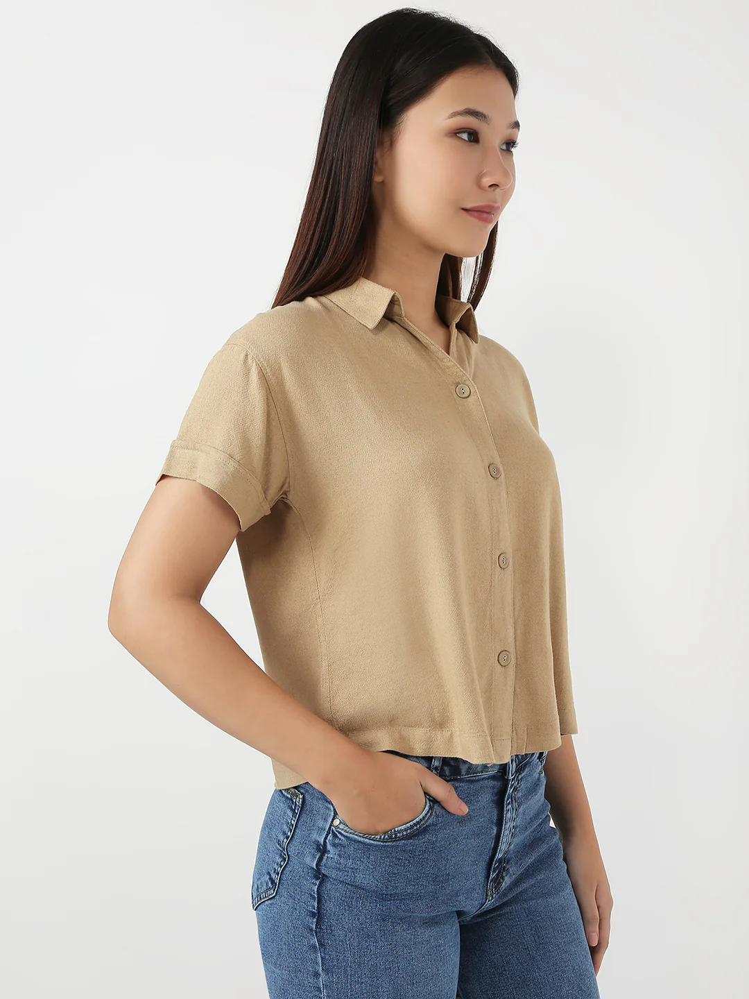 Women Light Brown Slim Crop Shirt - Image 5