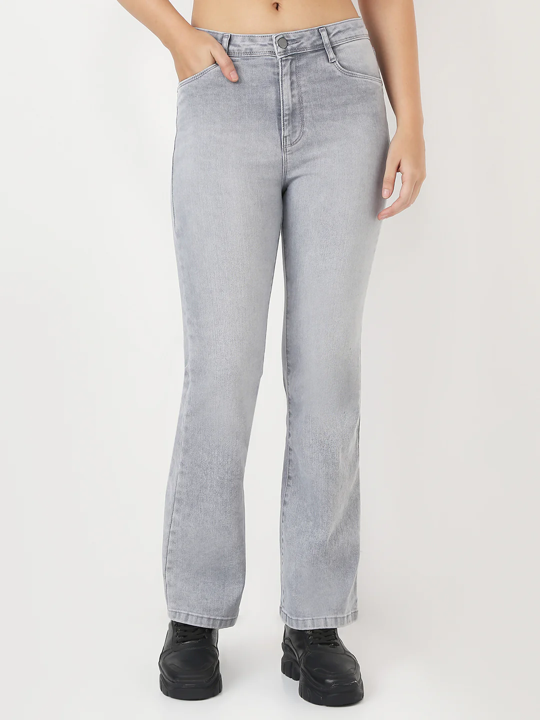 Women Light Grey High-Rise Flare Jeans - Image 2