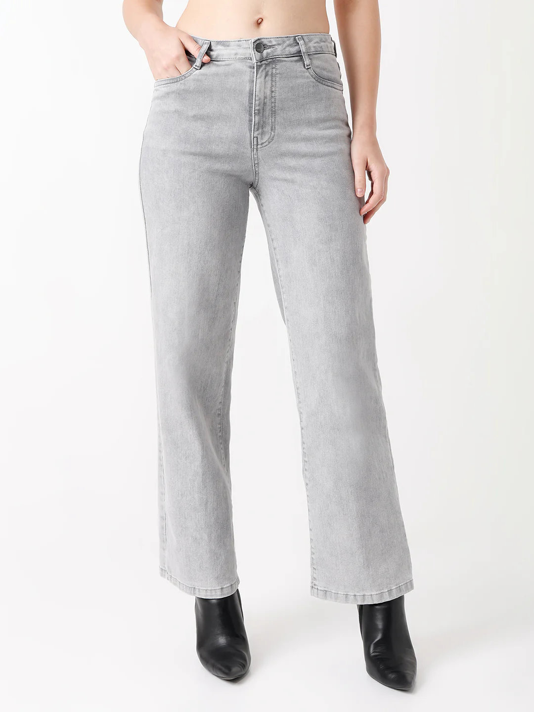 Women Light Grey High-Rise Wide Leg Jeans - Image 2