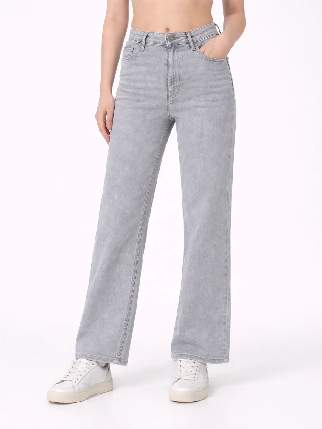 Women Light Grey High-Rise Wide Leg Jeans - Image 2