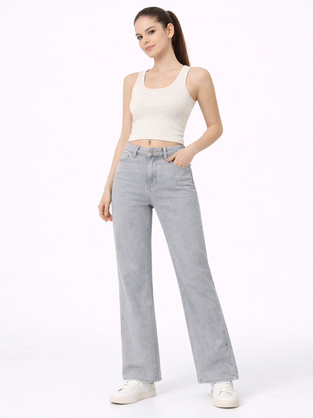 Women Light Grey High-Rise Wide Leg Jeans - Image 4